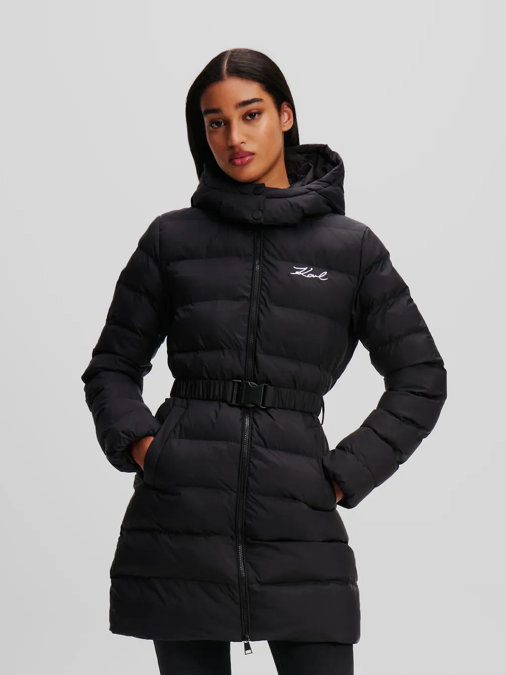 Karl Lagerfeldロングケープコート Buy: Women Parka KARL LAGERFELD Lightweight Long Puffer Black from