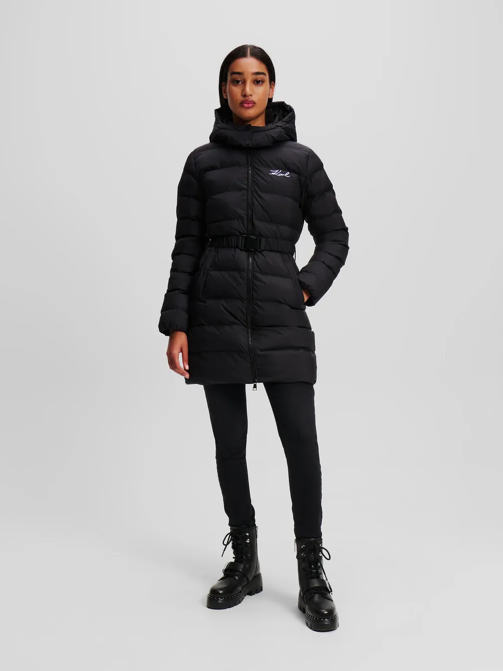 Karl Lagerfeldロングケープコート Buy: Women Parka KARL LAGERFELD Lightweight Long Puffer Black from