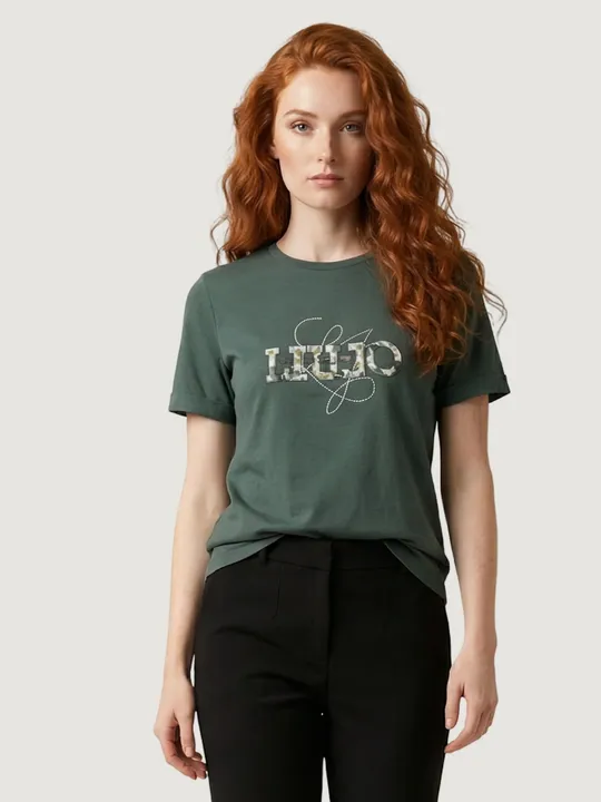 T-shirts in cotone con logo di strass Liu Jo